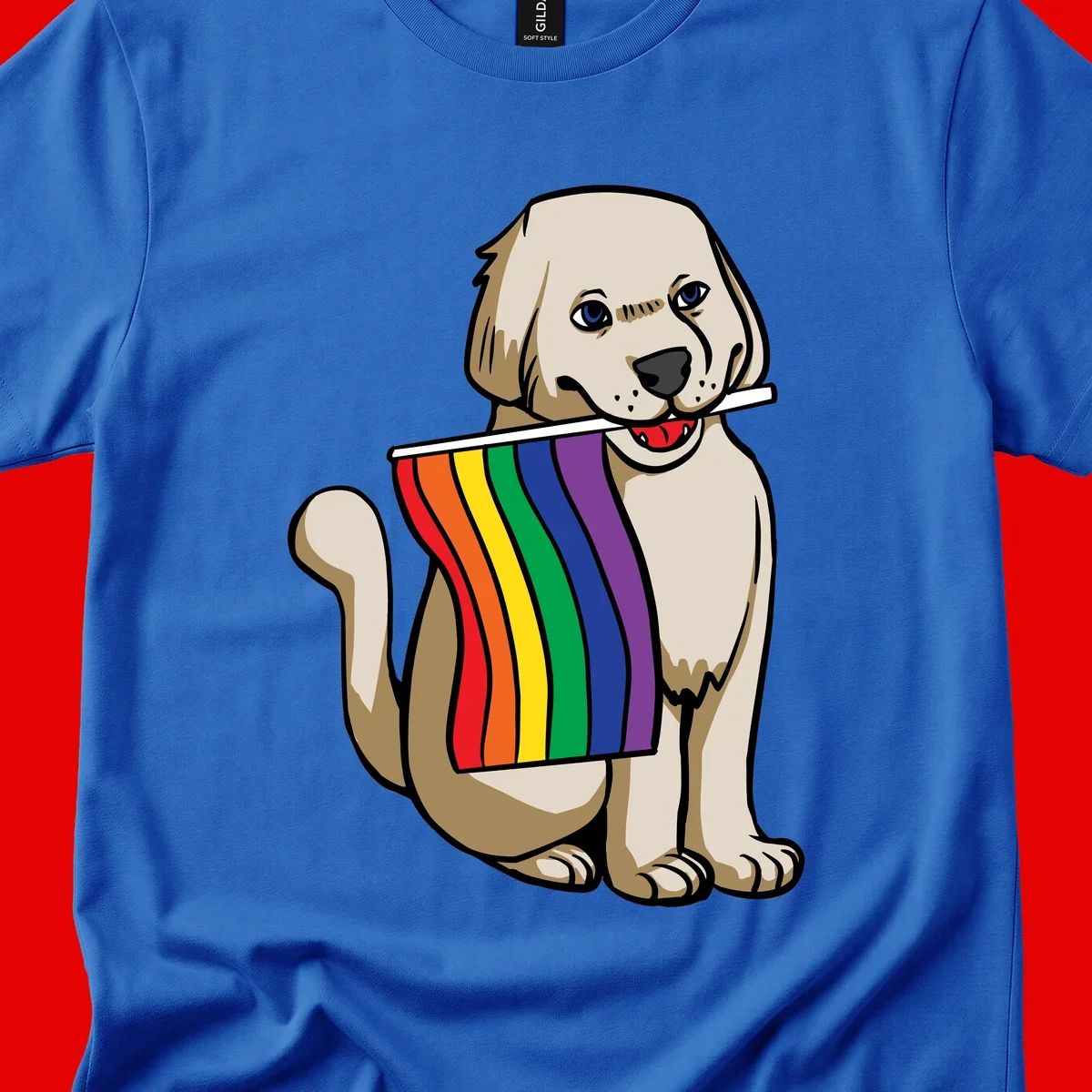 Illustration of a happy cream and tan dog holding a colorful rainbow pride flag in its mouth against a gray background