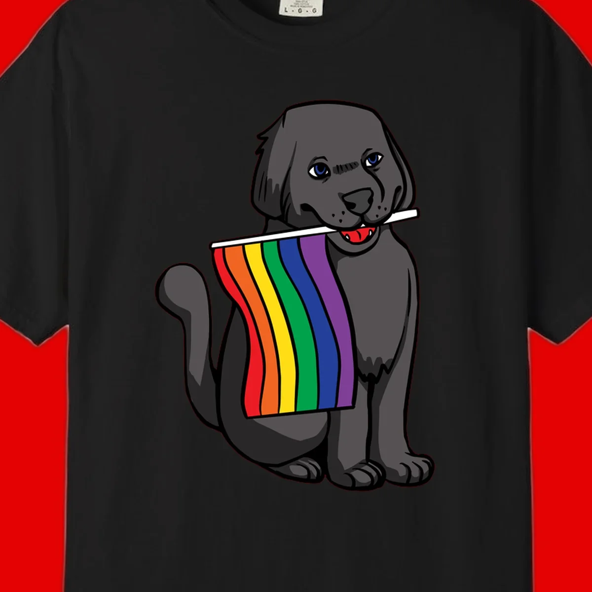 Illustration of a happy gray dog with blue eyes holding a rainbow pride flag in its mouth against a gray background