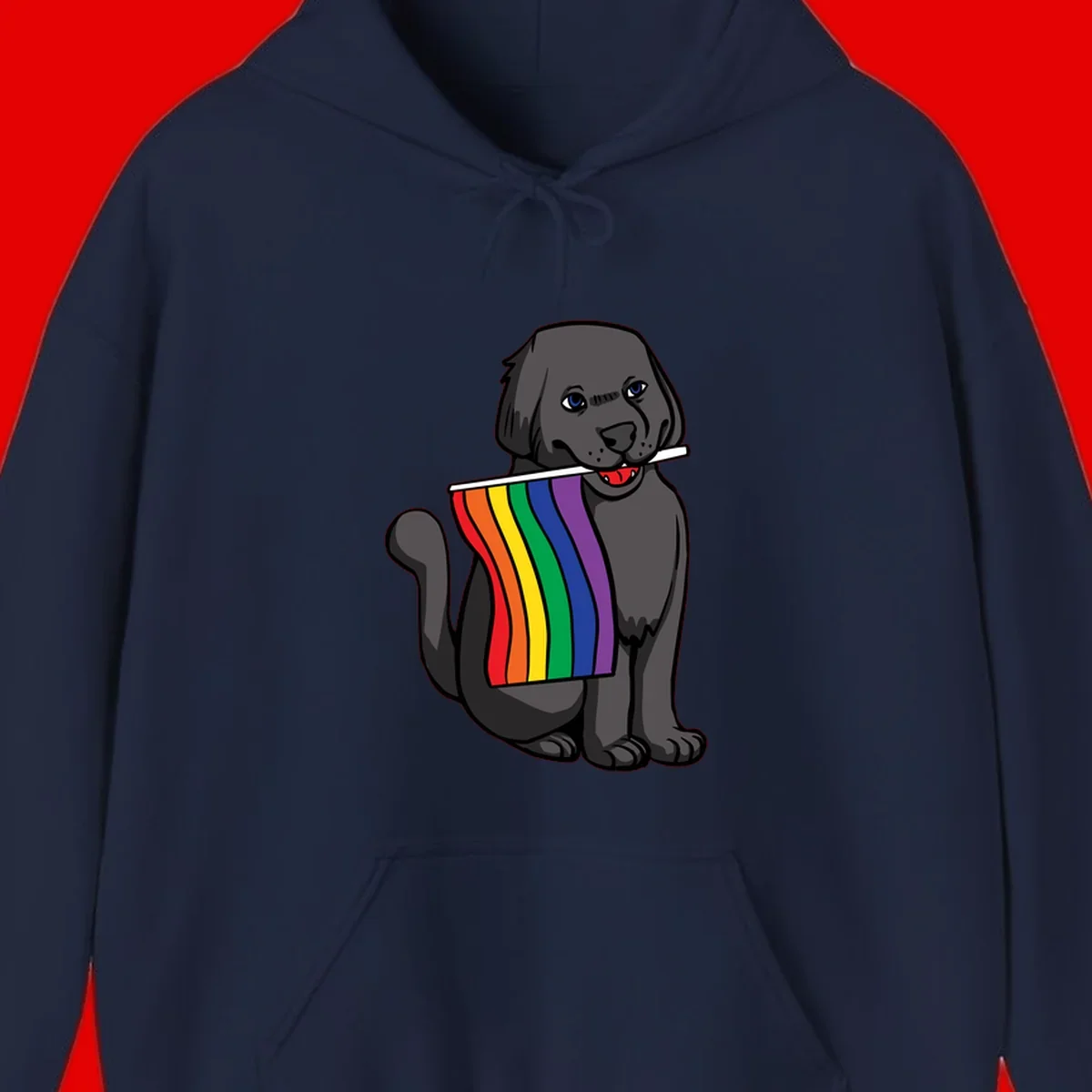 Illustration of a happy gray dog with blue eyes holding a rainbow pride flag in its mouth against a gray background