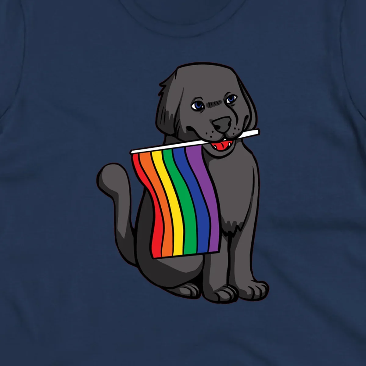 Illustration of a happy gray dog with blue eyes holding a rainbow pride flag in its mouth against a gray background