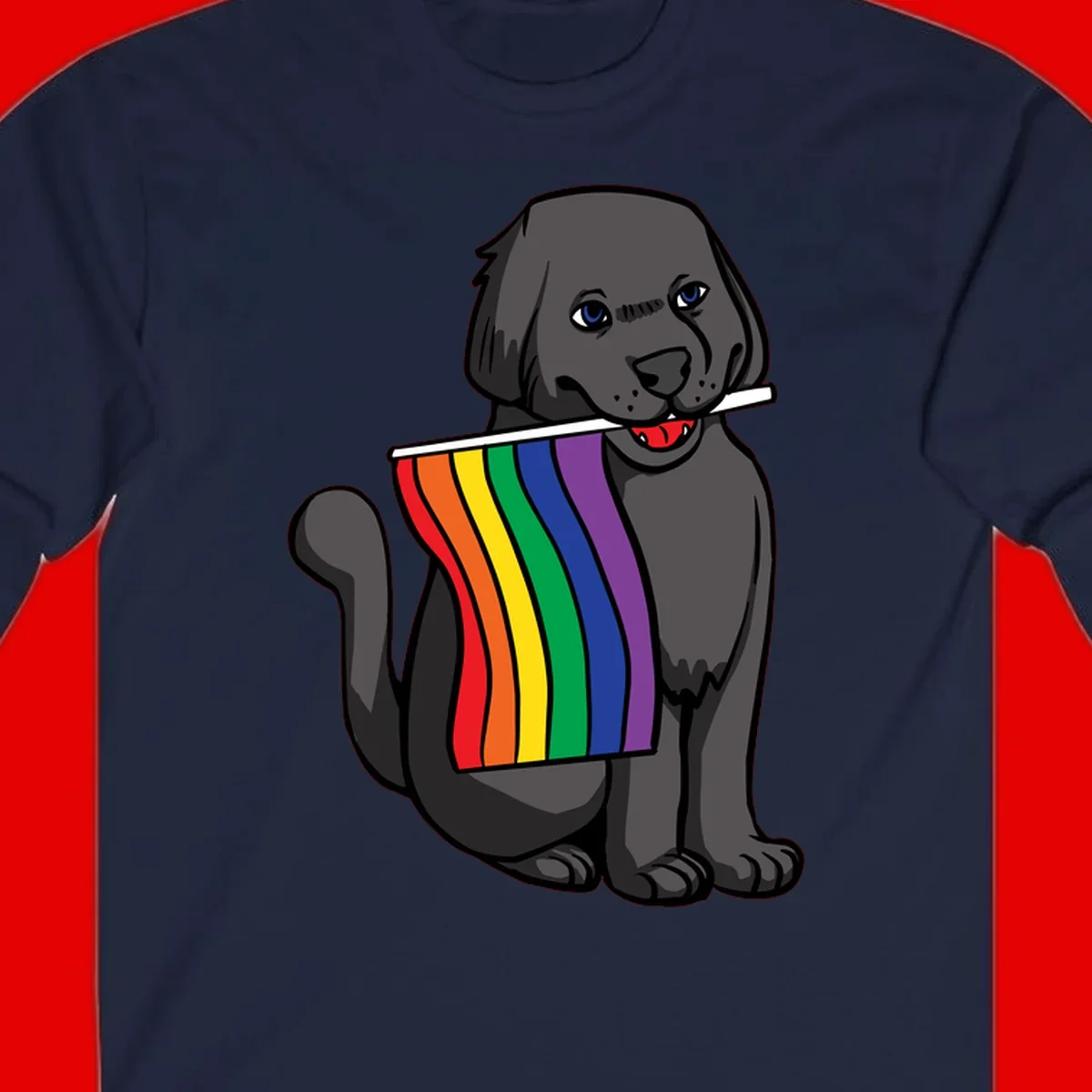 Illustration of a happy gray dog with blue eyes holding a rainbow pride flag in its mouth against a gray background