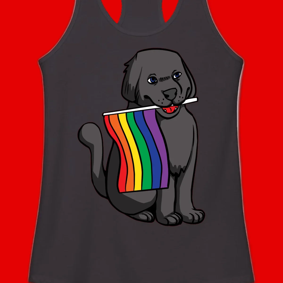 Illustration of a happy gray dog with blue eyes holding a rainbow pride flag in its mouth against a gray background