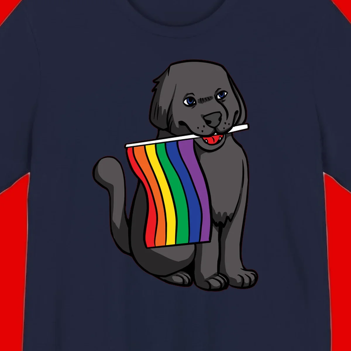 Illustration of a happy gray dog with blue eyes holding a rainbow pride flag in its mouth against a gray background