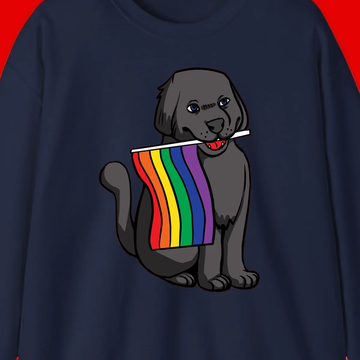 Illustration of a happy gray dog with blue eyes holding a rainbow pride flag in its mouth against a gray background