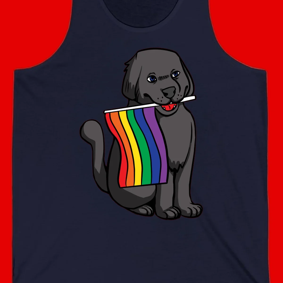 Illustration of a happy gray dog with blue eyes holding a rainbow pride flag in its mouth against a gray background