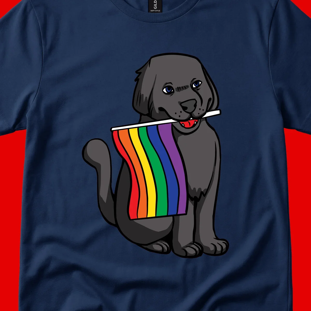 Illustration of a happy gray dog with blue eyes holding a rainbow pride flag in its mouth against a gray background