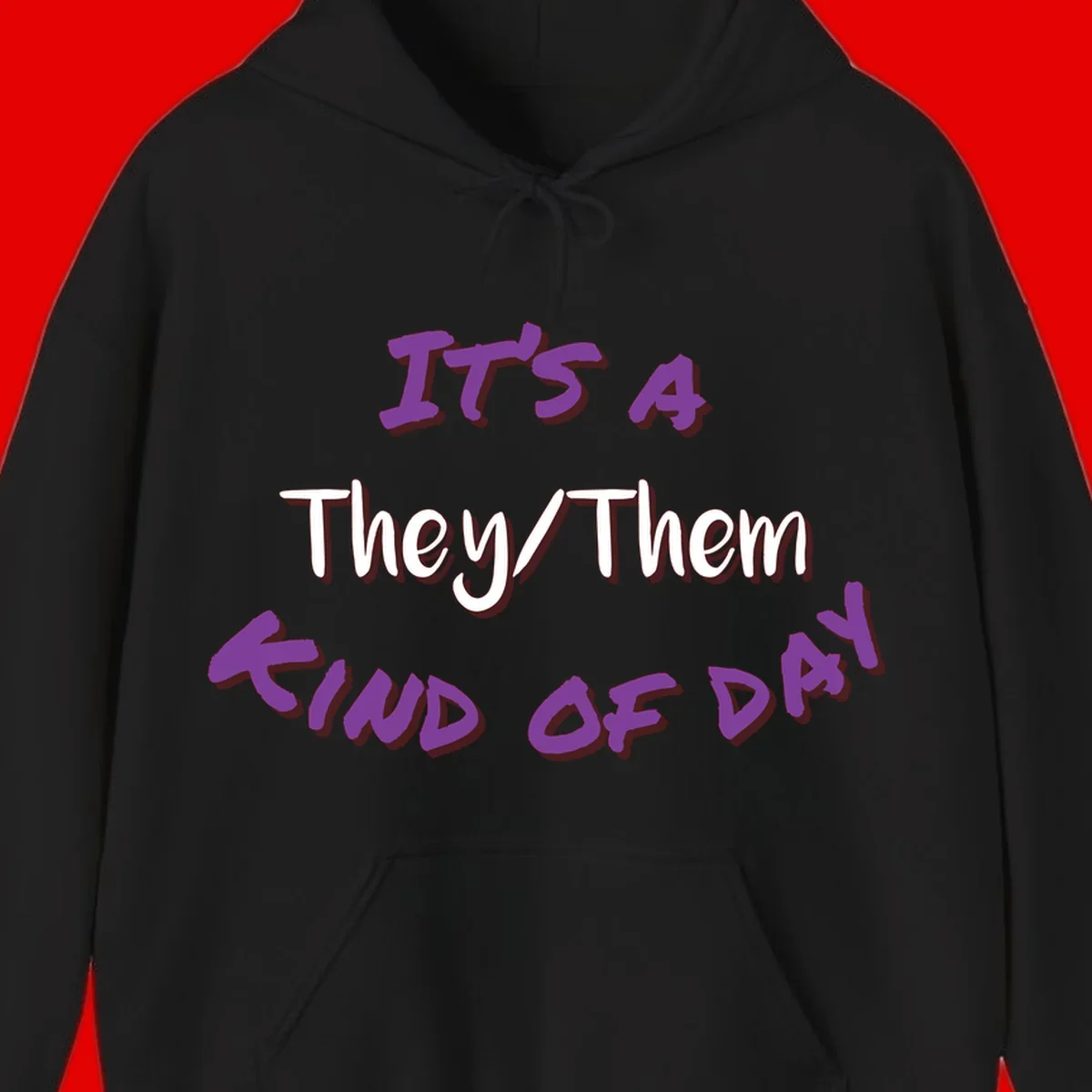 Purple 3D text reading 'IT'S 4 They/Them PROUD OF ME' with shadow effects on gray background