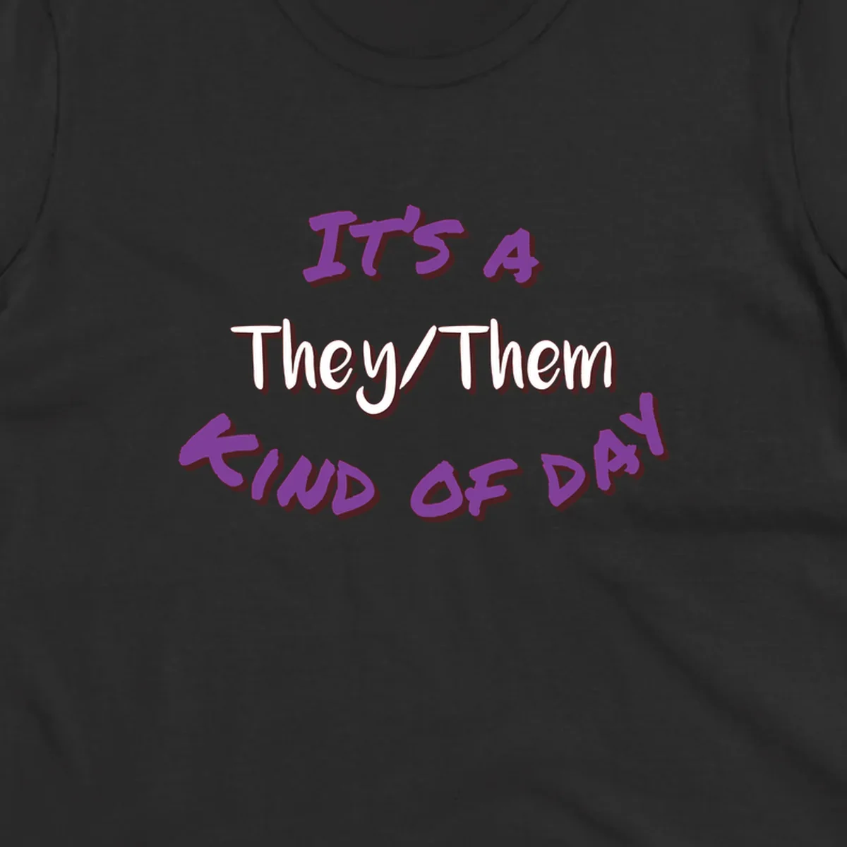Purple 3D text reading 'IT'S 4 They/Them PROUD OF ME' with shadow effects on gray background