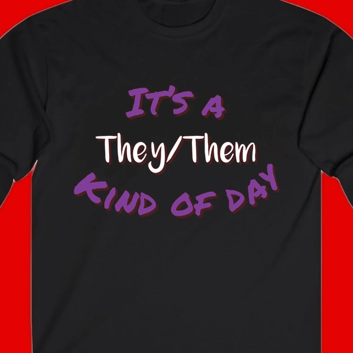 Purple 3D text reading 'IT'S 4 They/Them PROUD OF ME' with shadow effects on gray background