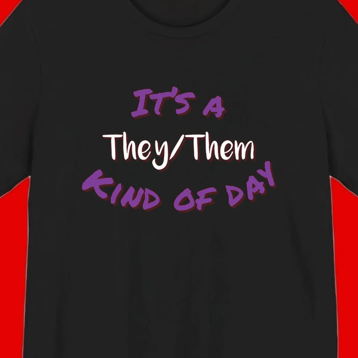 Purple 3D text reading 'IT'S 4 They/Them PROUD OF ME' with shadow effects on gray background