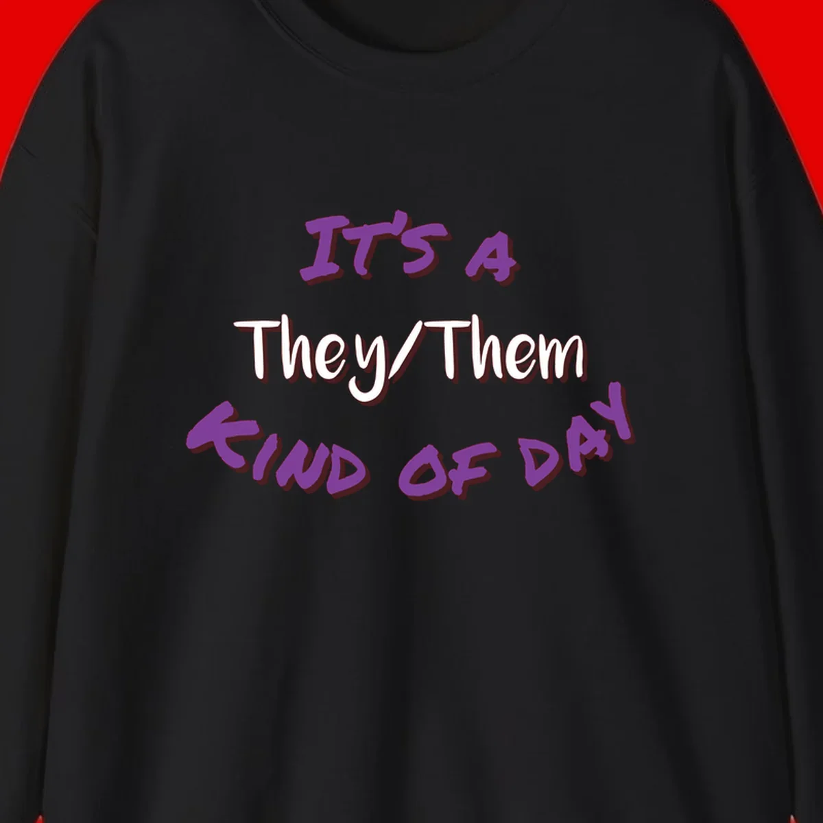 Purple 3D text reading 'IT'S 4 They/Them PROUD OF ME' with shadow effects on gray background