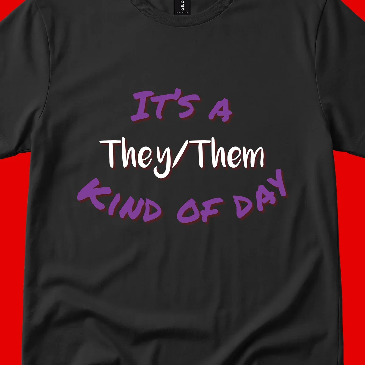 Purple 3D text reading 'IT'S 4 They/Them PROUD OF ME' with shadow effects on gray background