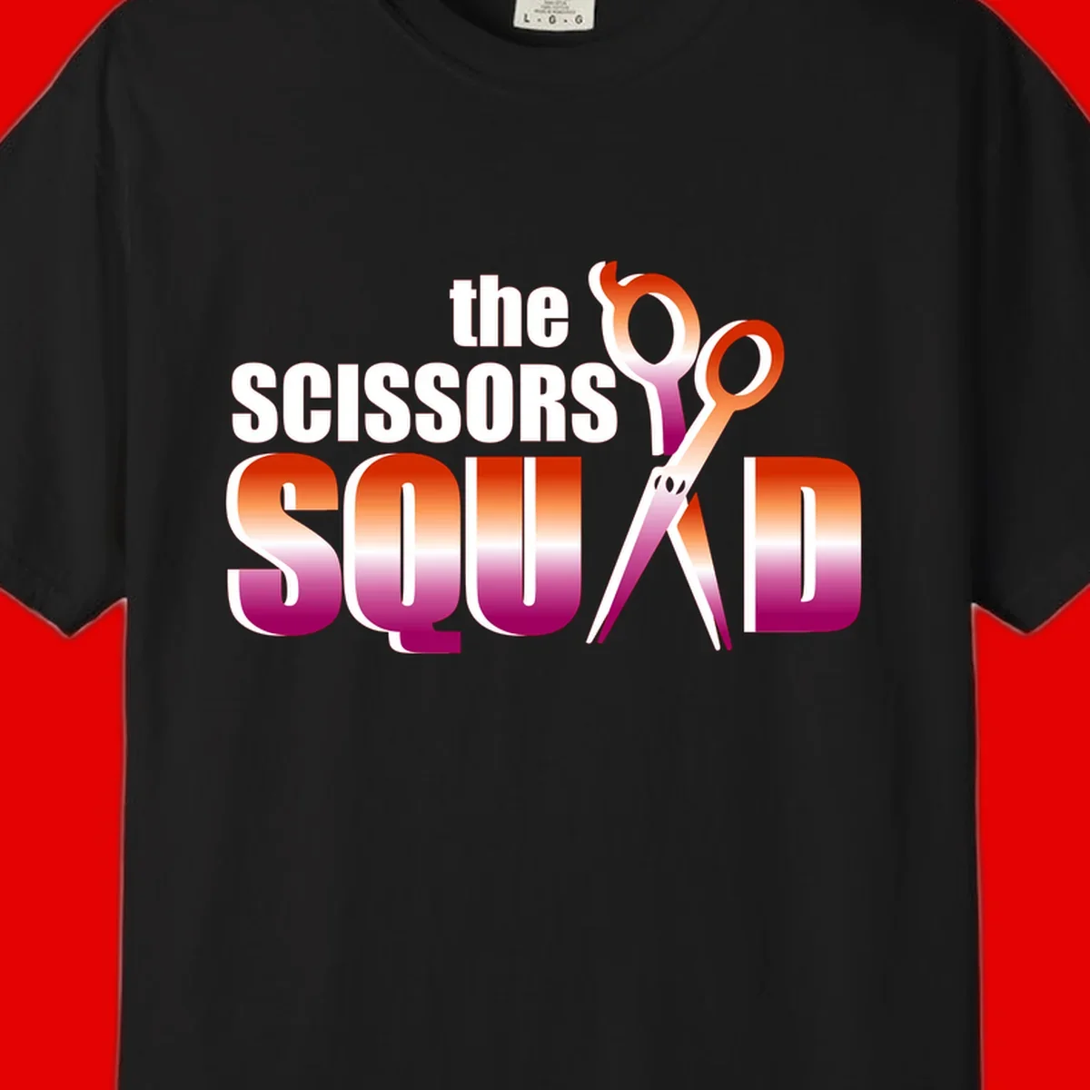 Scissors Squad design featuring gradient red to magenta scissors with bold white text, perfect for hairstylist and beauty professional apparel