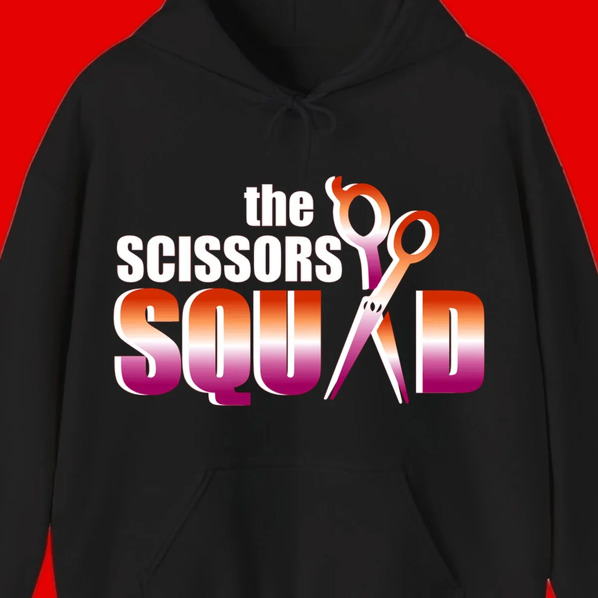 Scissors Squad design featuring gradient red to magenta scissors with bold white text, perfect for hairstylist and beauty professional apparel
