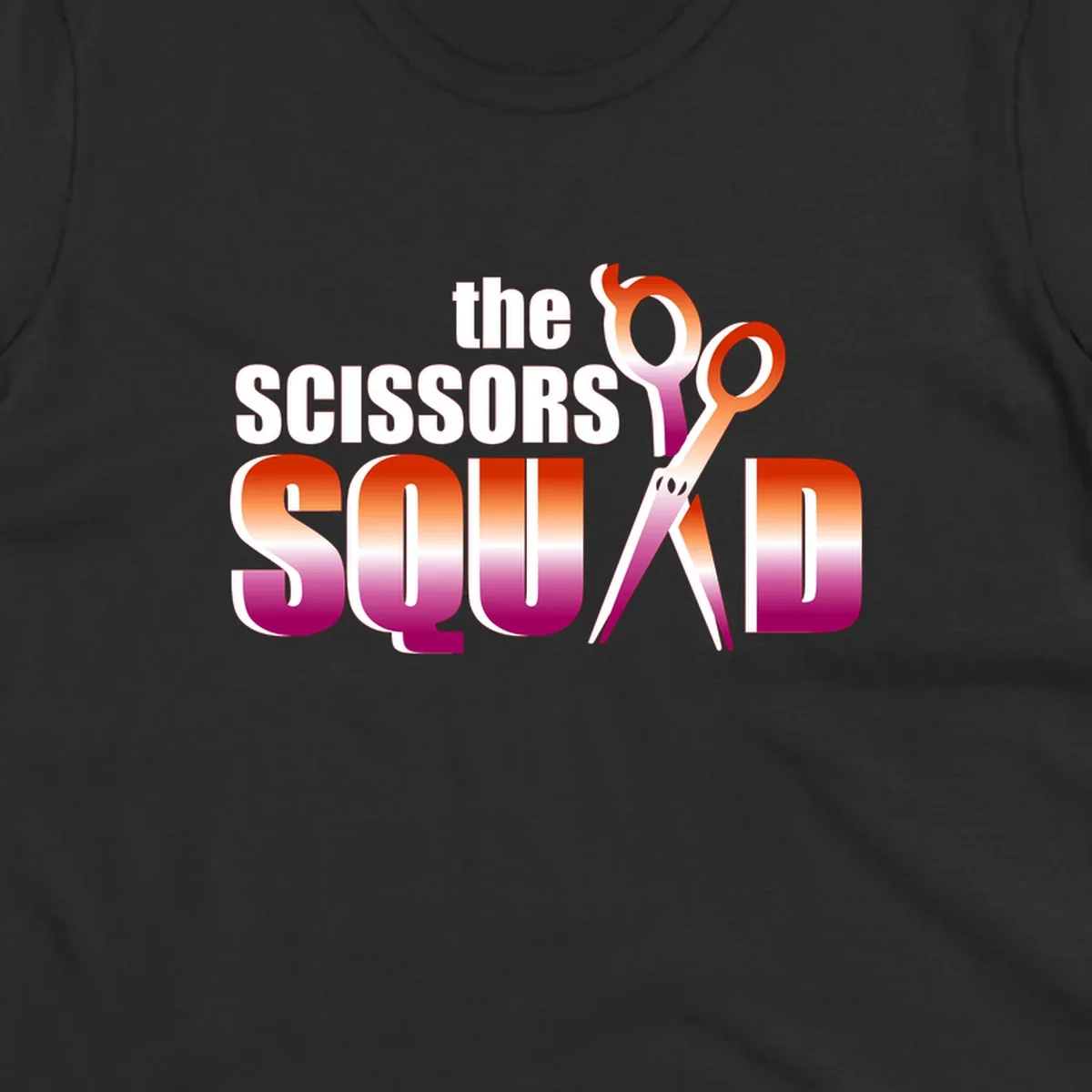 Scissors Squad design featuring gradient red to magenta scissors with bold white text, perfect for hairstylist and beauty professional apparel
