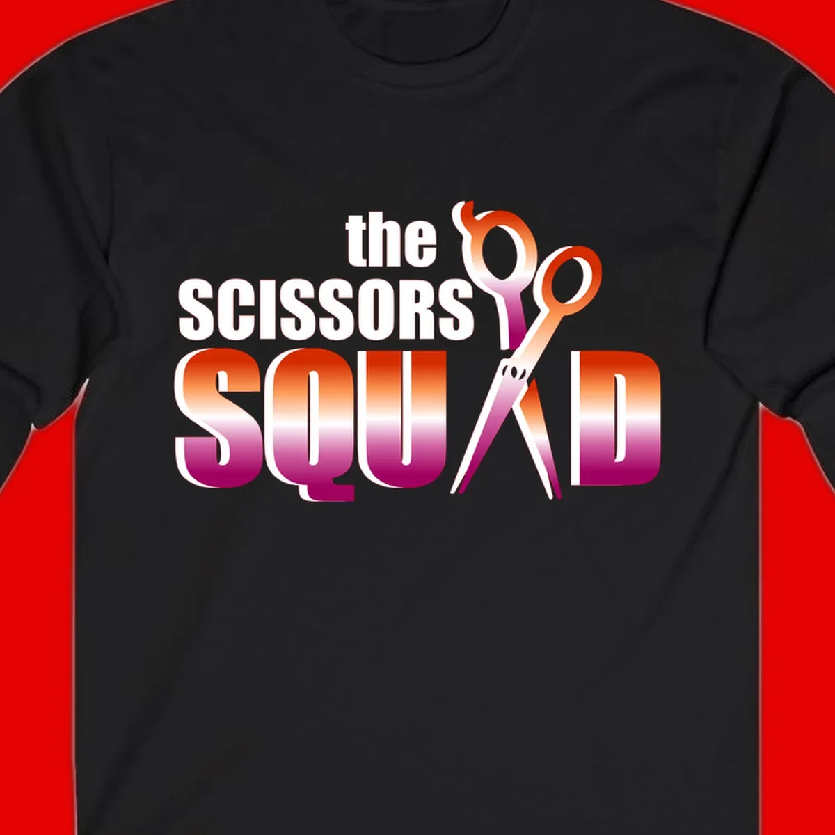 Scissors Squad design featuring gradient red to magenta scissors with bold white text, perfect for hairstylist and beauty professional apparel