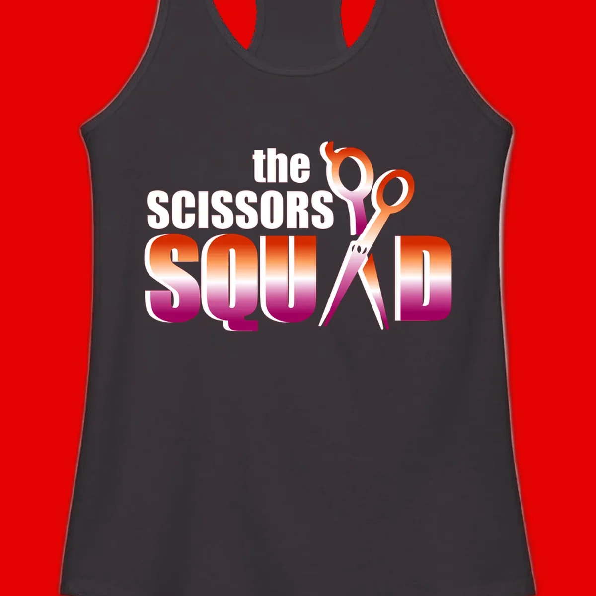 Scissors Squad design featuring gradient red to magenta scissors with bold white text, perfect for hairstylist and beauty professional apparel
