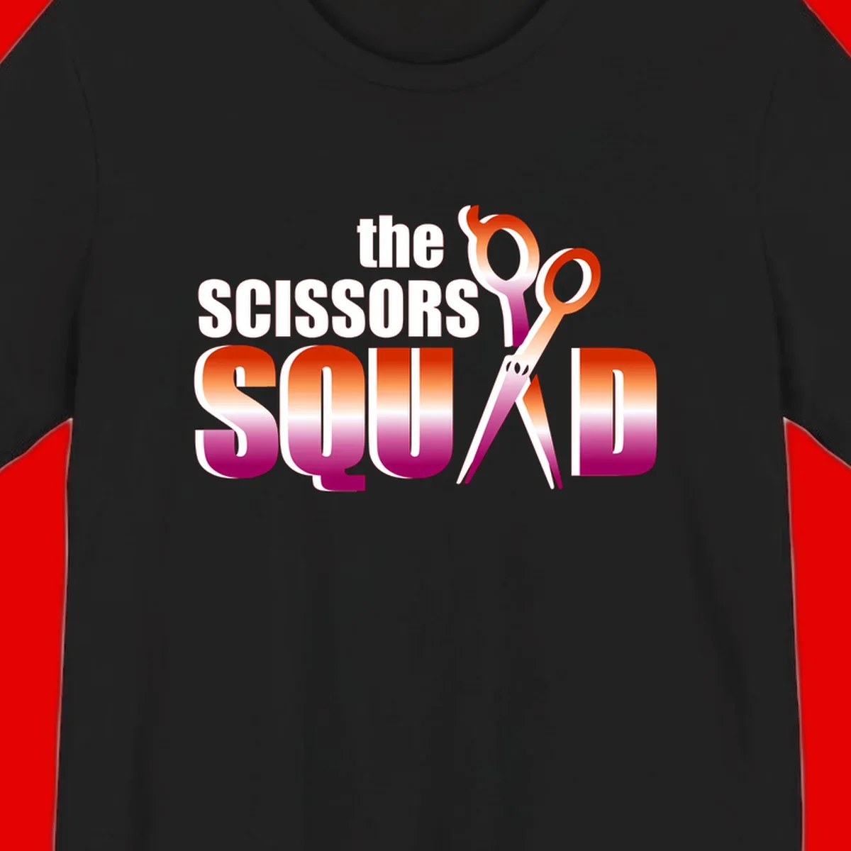 Scissors Squad design featuring gradient red to magenta scissors with bold white text, perfect for hairstylist and beauty professional apparel