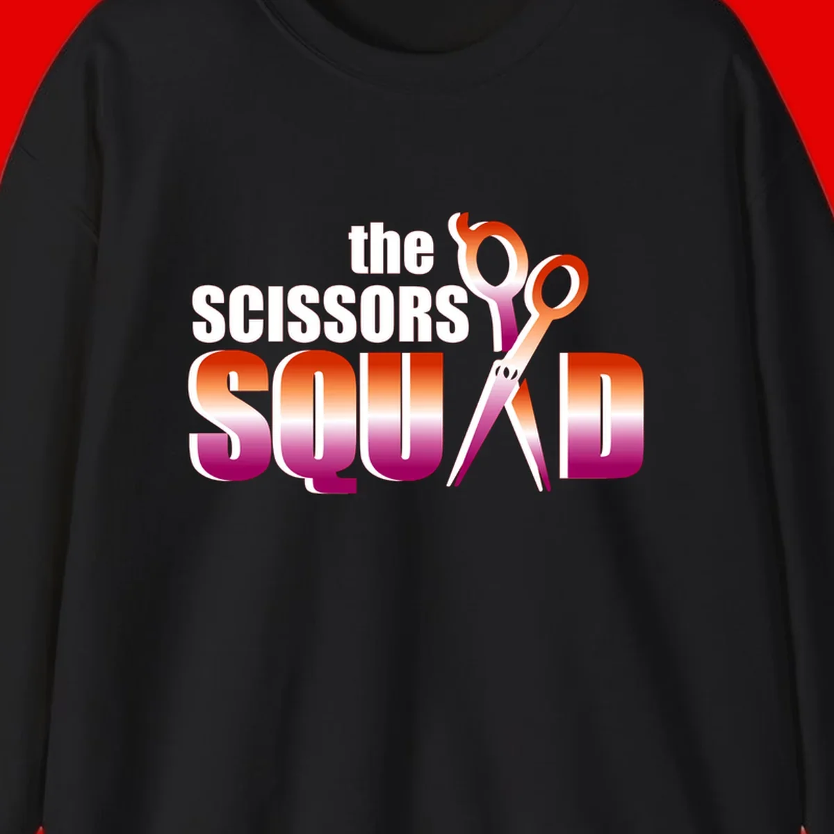 Scissors Squad design featuring gradient red to magenta scissors with bold white text, perfect for hairstylist and beauty professional apparel