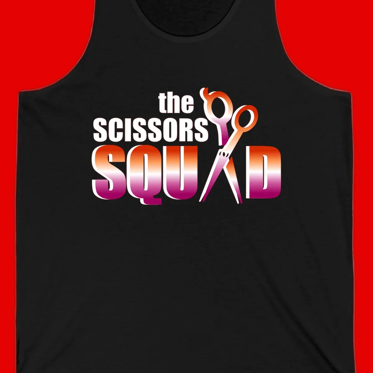 Scissors Squad design featuring gradient red to magenta scissors with bold white text, perfect for hairstylist and beauty professional apparel