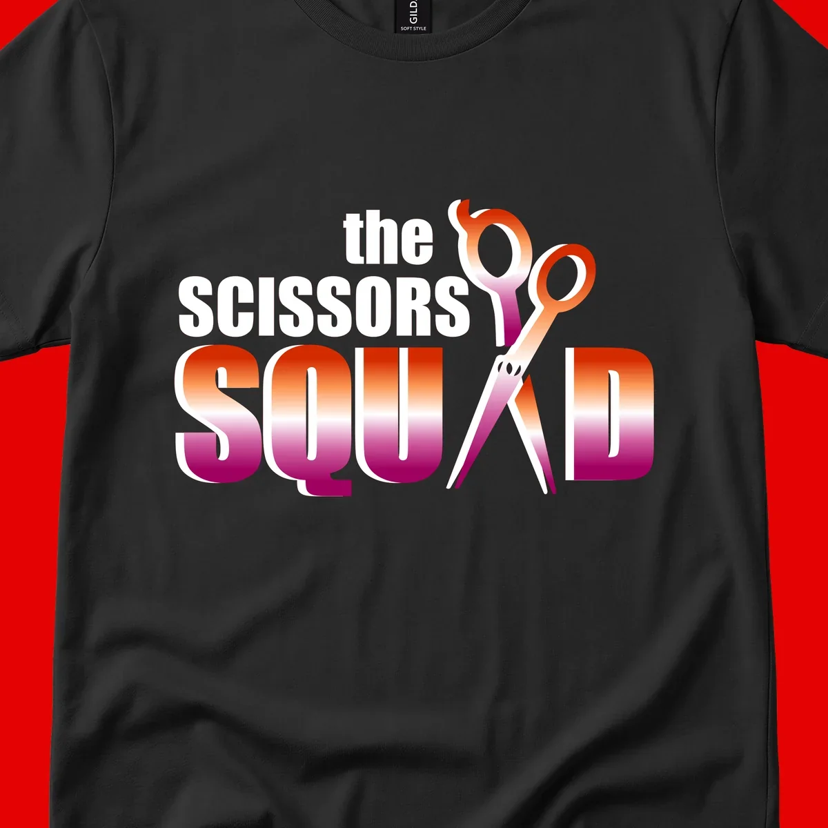 Scissors Squad design featuring gradient red to magenta scissors with bold white text, perfect for hairstylist and beauty professional apparel