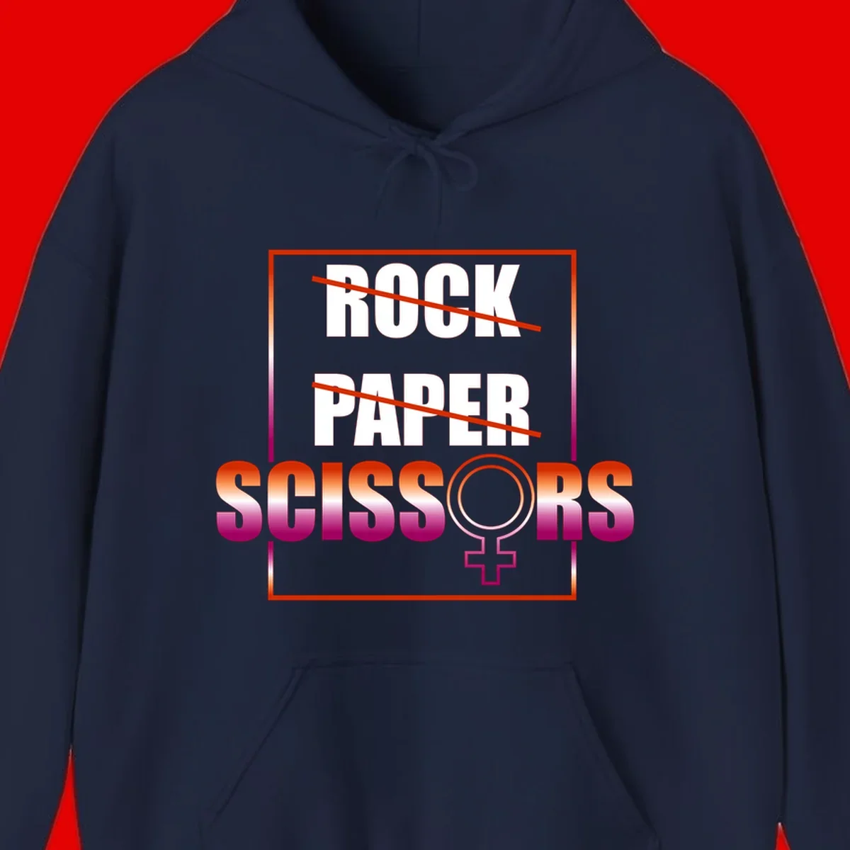 Rock paper scissors pride design with strikethrough lines, female symbol, and gradient text in orange to magenta colors