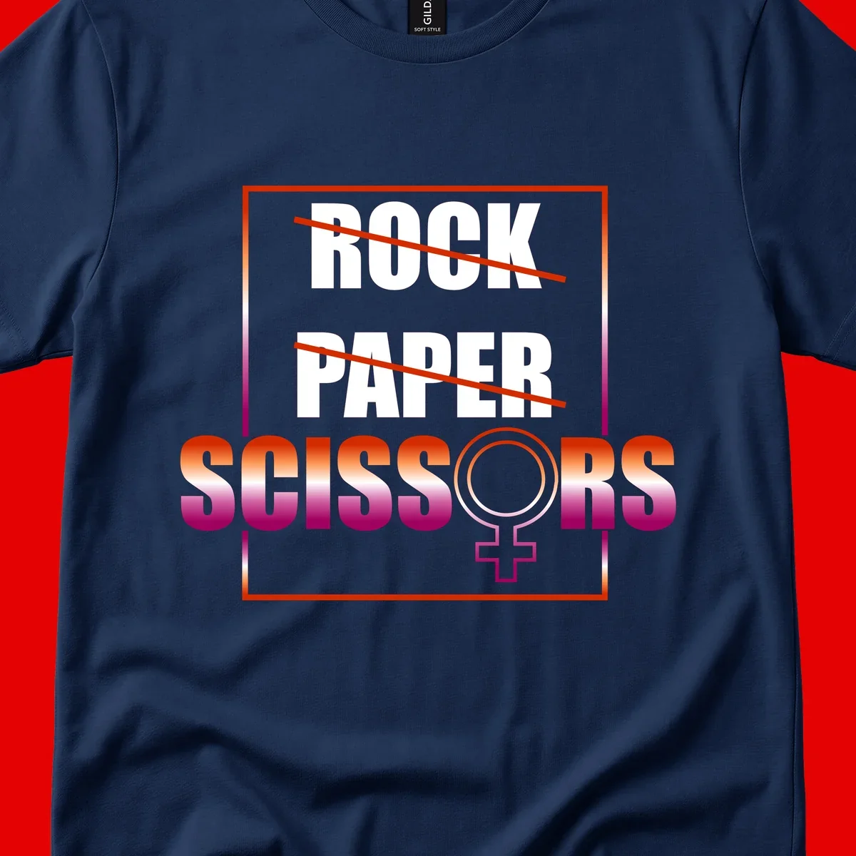 Rock paper scissors pride design with strikethrough lines, female symbol, and gradient text in orange to magenta colors