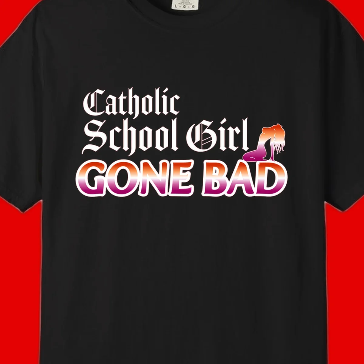 Catholic school girl gone bad design with gothic lettering in orange-to-pink gradient and silhouette figure illustration