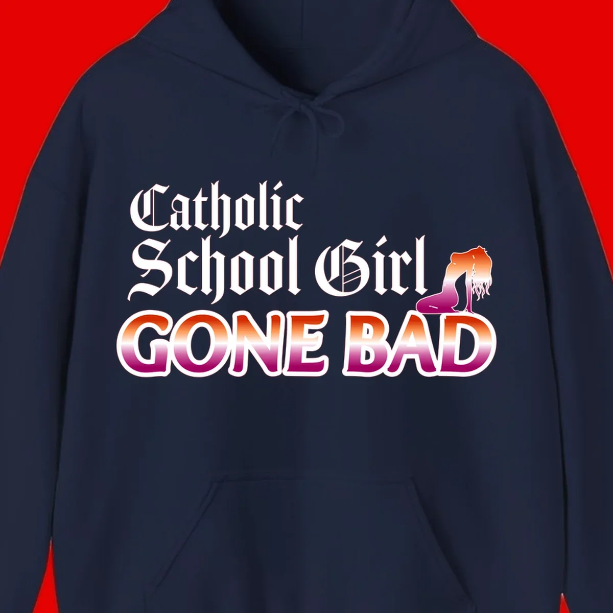 Catholic school girl gone bad design with gothic lettering in orange-to-pink gradient and silhouette figure illustration