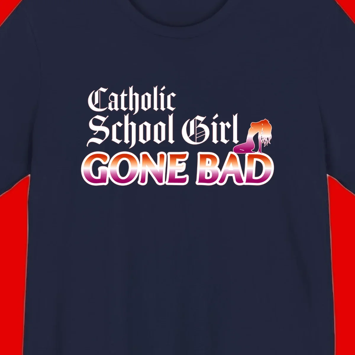 Catholic school girl gone bad design with gothic lettering in orange-to-pink gradient and silhouette figure illustration