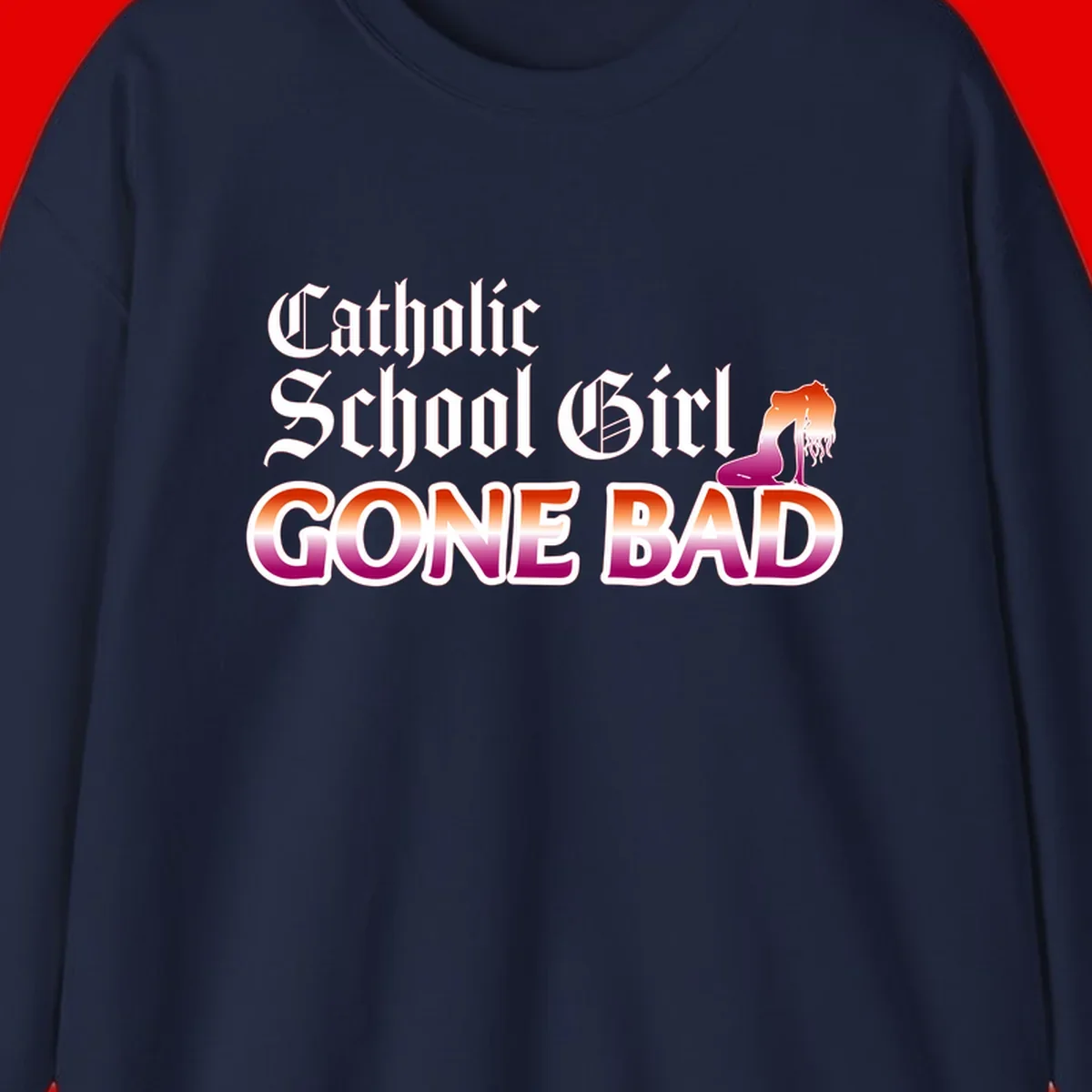 Catholic school girl gone bad design with gothic lettering in orange-to-pink gradient and silhouette figure illustration