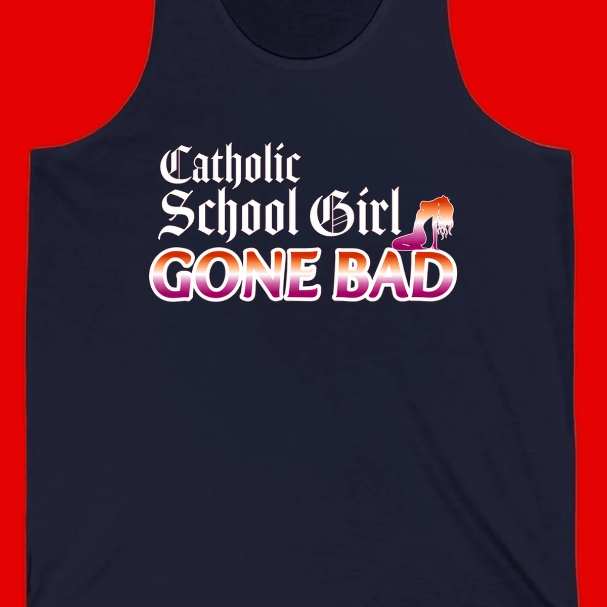 Catholic school girl gone bad design with gothic lettering in orange-to-pink gradient and silhouette figure illustration