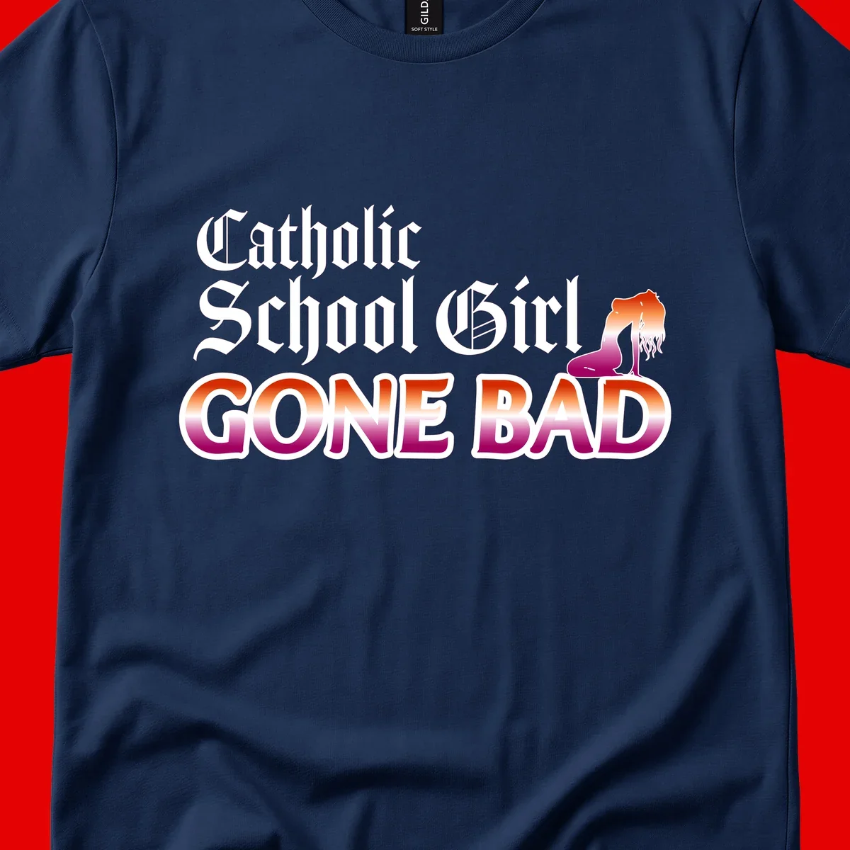Catholic school girl gone bad design with gothic lettering in orange-to-pink gradient and silhouette figure illustration