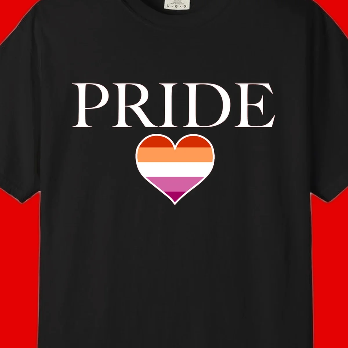 Pride flag heart design with red, orange, white, pink and magenta horizontal stripes and PRIDE text above