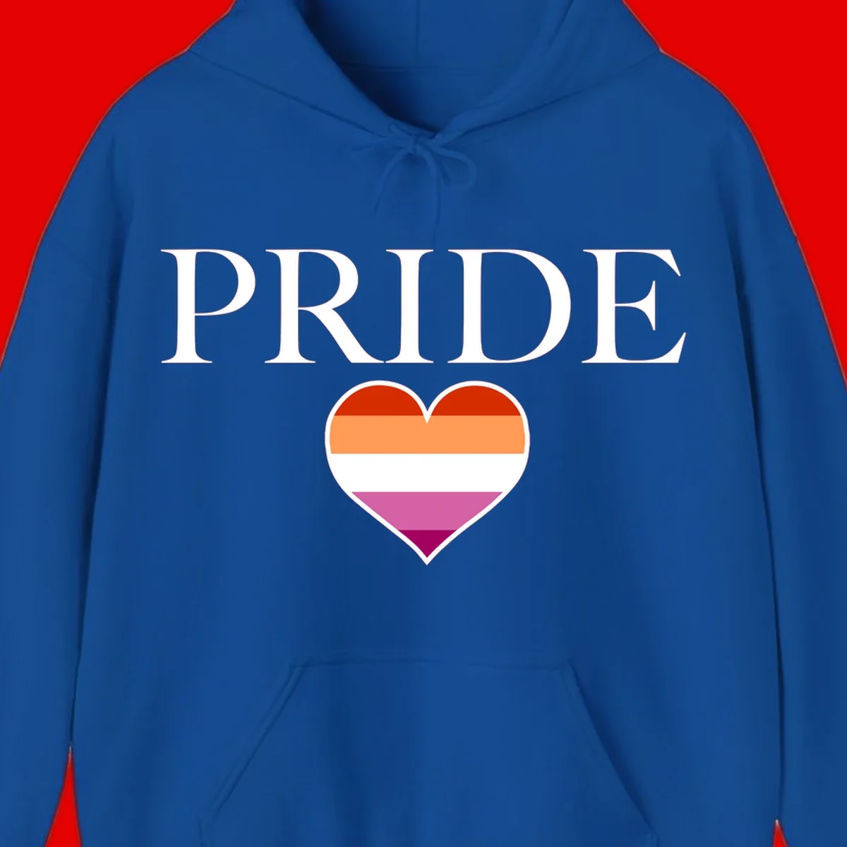 Pride flag heart design with red, orange, white, pink and magenta horizontal stripes and PRIDE text above