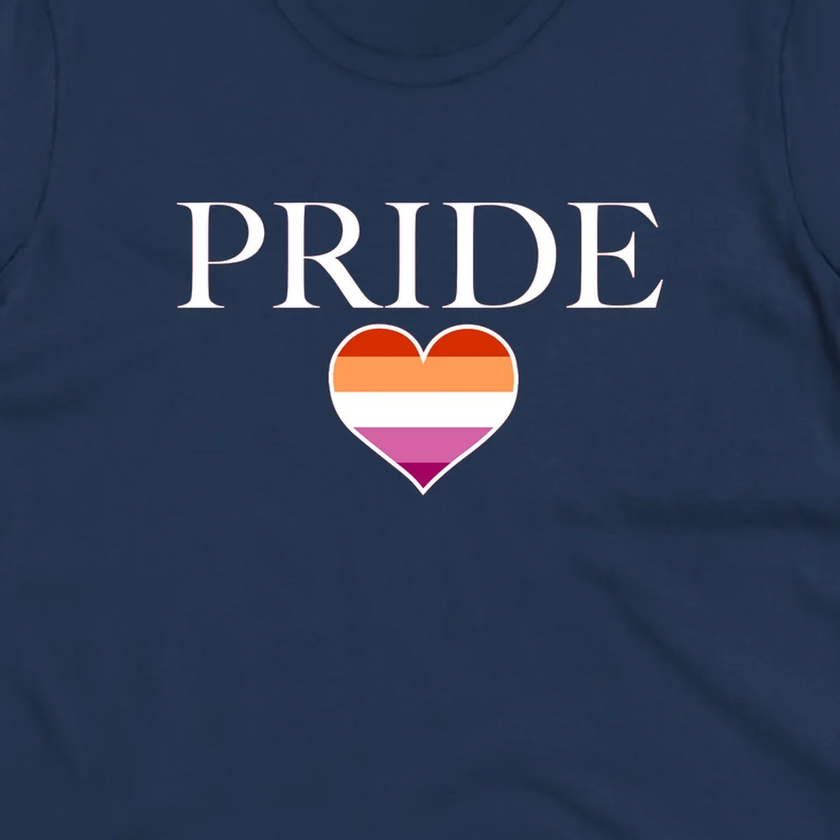 Pride flag heart design with red, orange, white, pink and magenta horizontal stripes and PRIDE text above