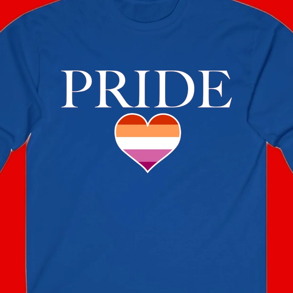 Pride flag heart design with red, orange, white, pink and magenta horizontal stripes and PRIDE text above
