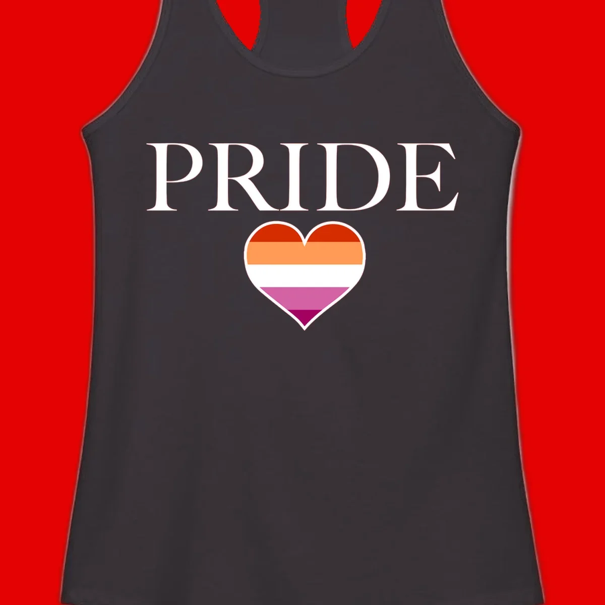 Pride flag heart design with red, orange, white, pink and magenta horizontal stripes and PRIDE text above