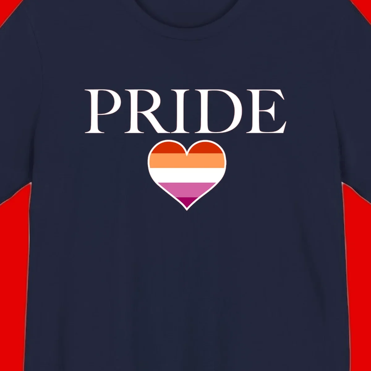 Pride flag heart design with red, orange, white, pink and magenta horizontal stripes and PRIDE text above