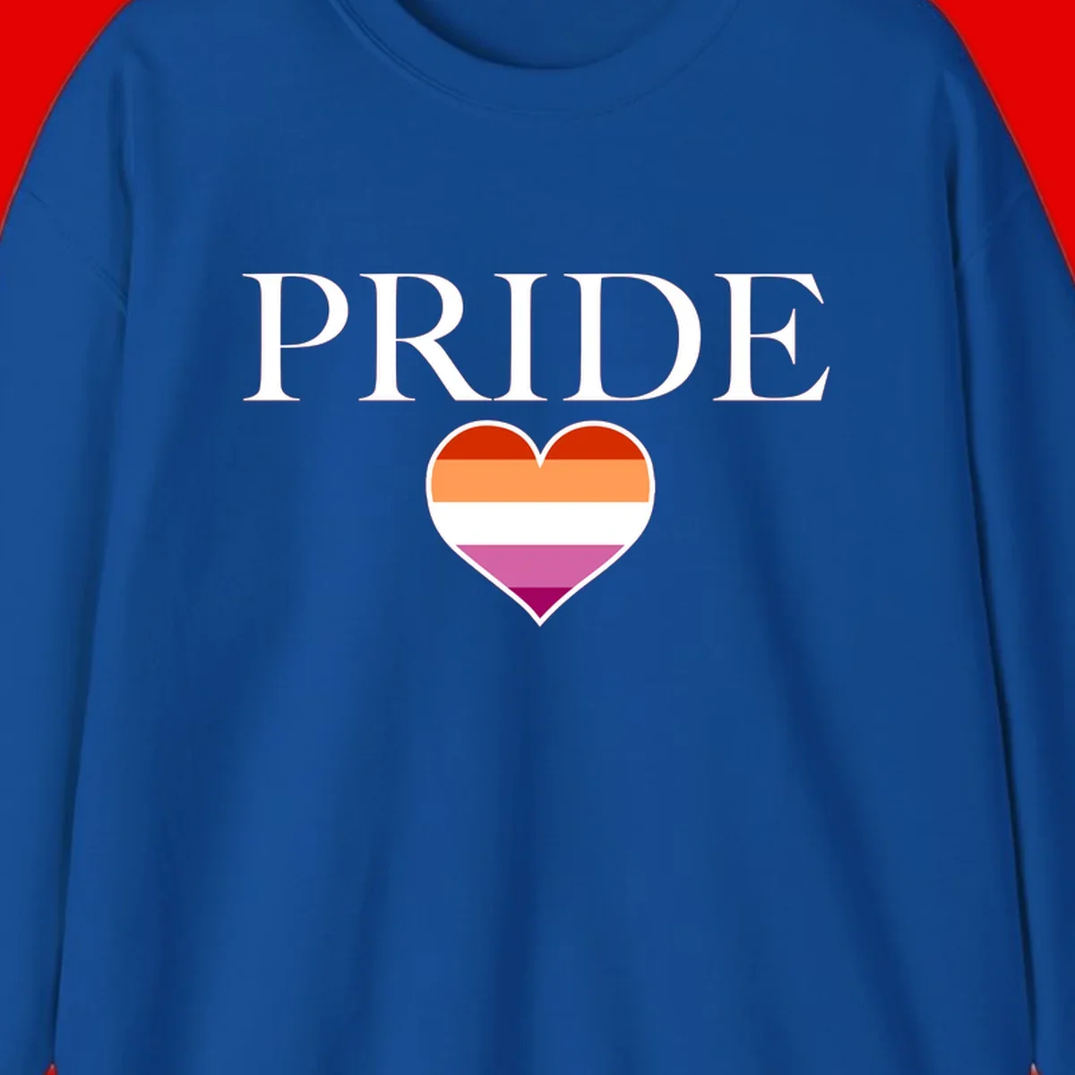 Pride flag heart design with red, orange, white, pink and magenta horizontal stripes and PRIDE text above