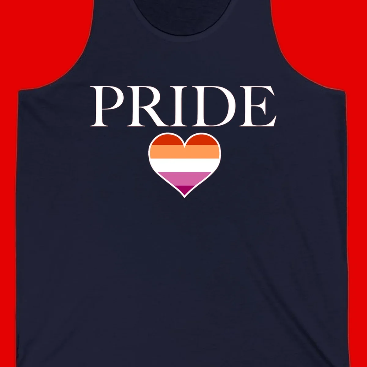 Pride flag heart design with red, orange, white, pink and magenta horizontal stripes and PRIDE text above