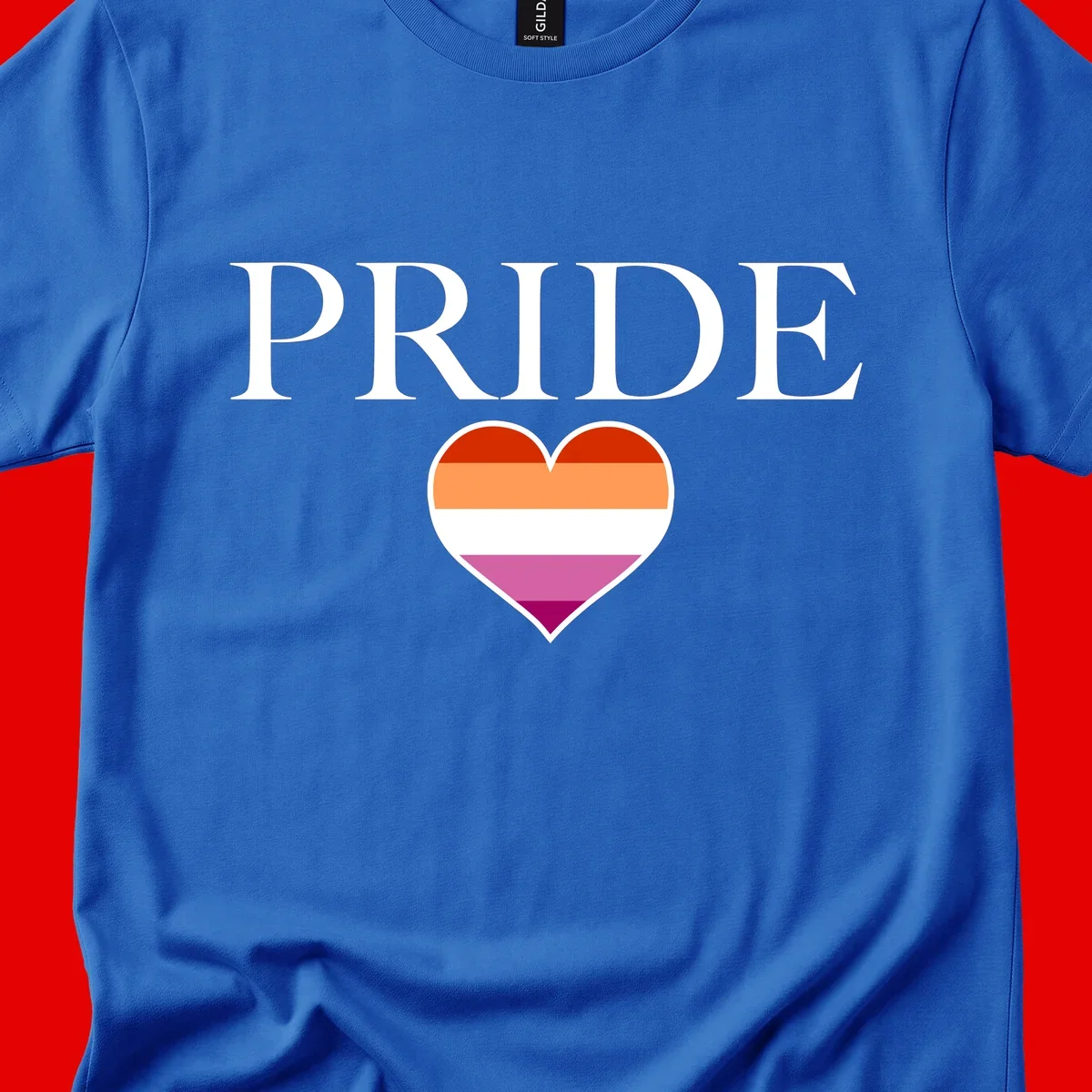Pride flag heart design with red, orange, white, pink and magenta horizontal stripes and PRIDE text above