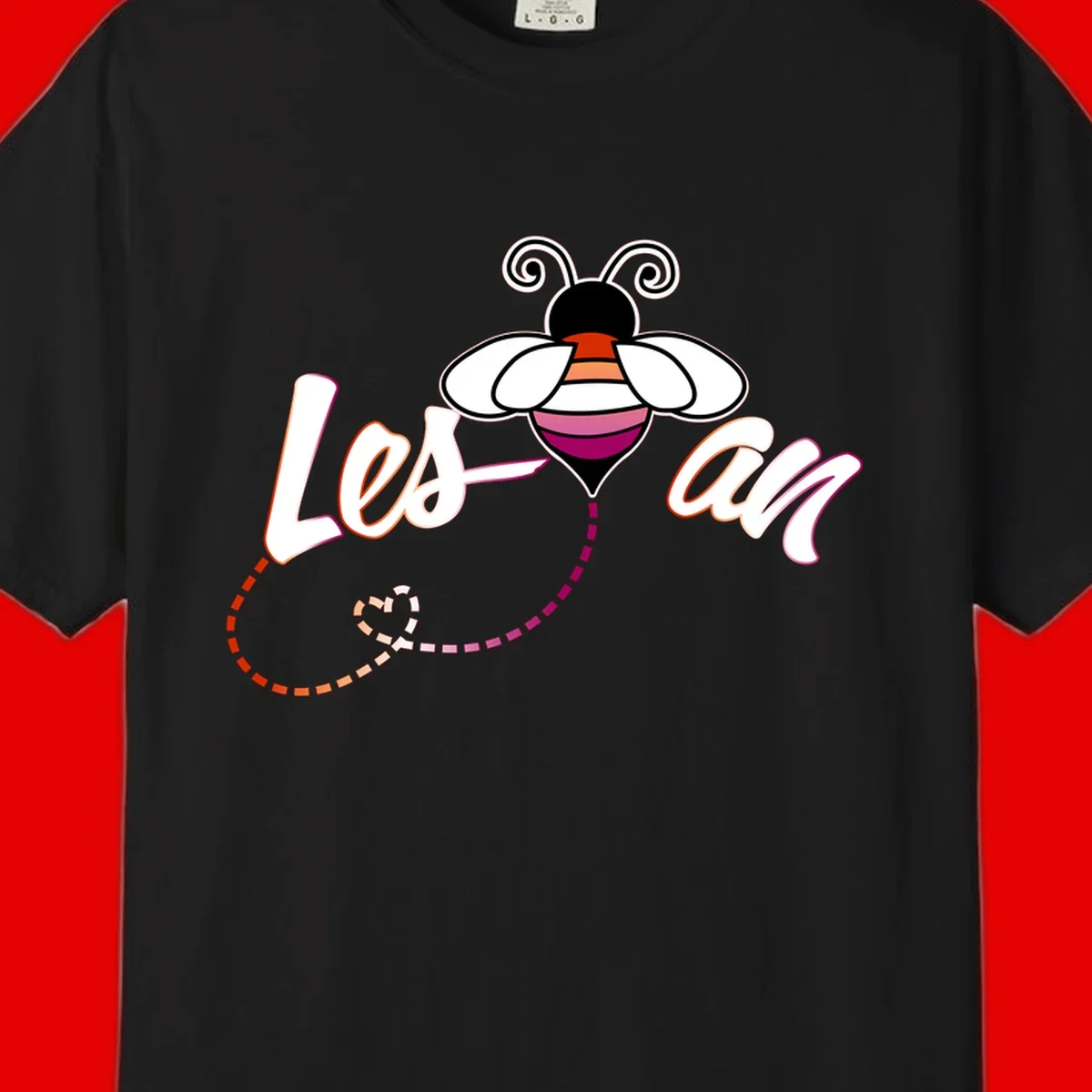 Colorful bee with spiral antennae and rainbow striped body above the word Love in flowing lettering with dashed trail
