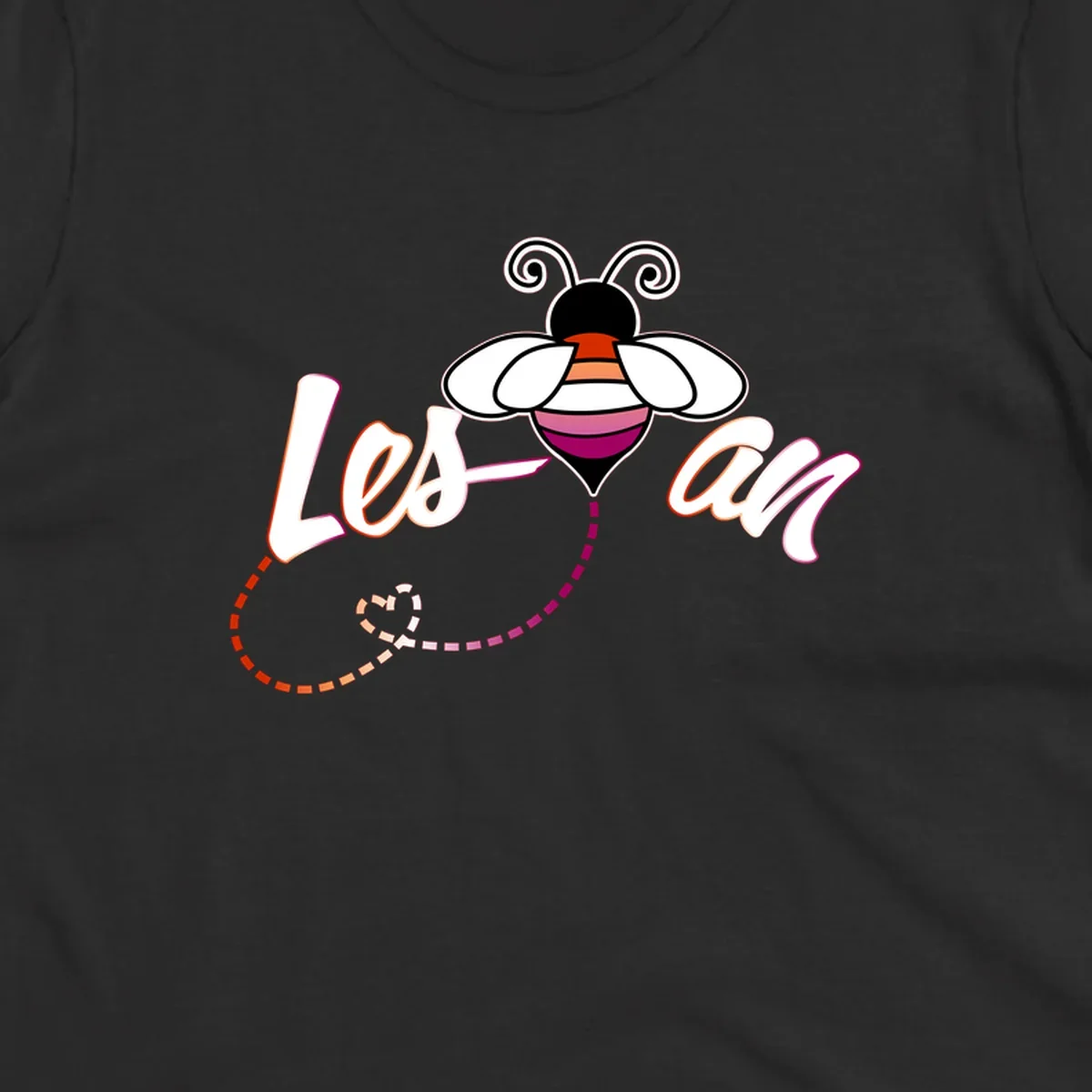 Colorful bee with spiral antennae and rainbow striped body above the word Love in flowing lettering with dashed trail