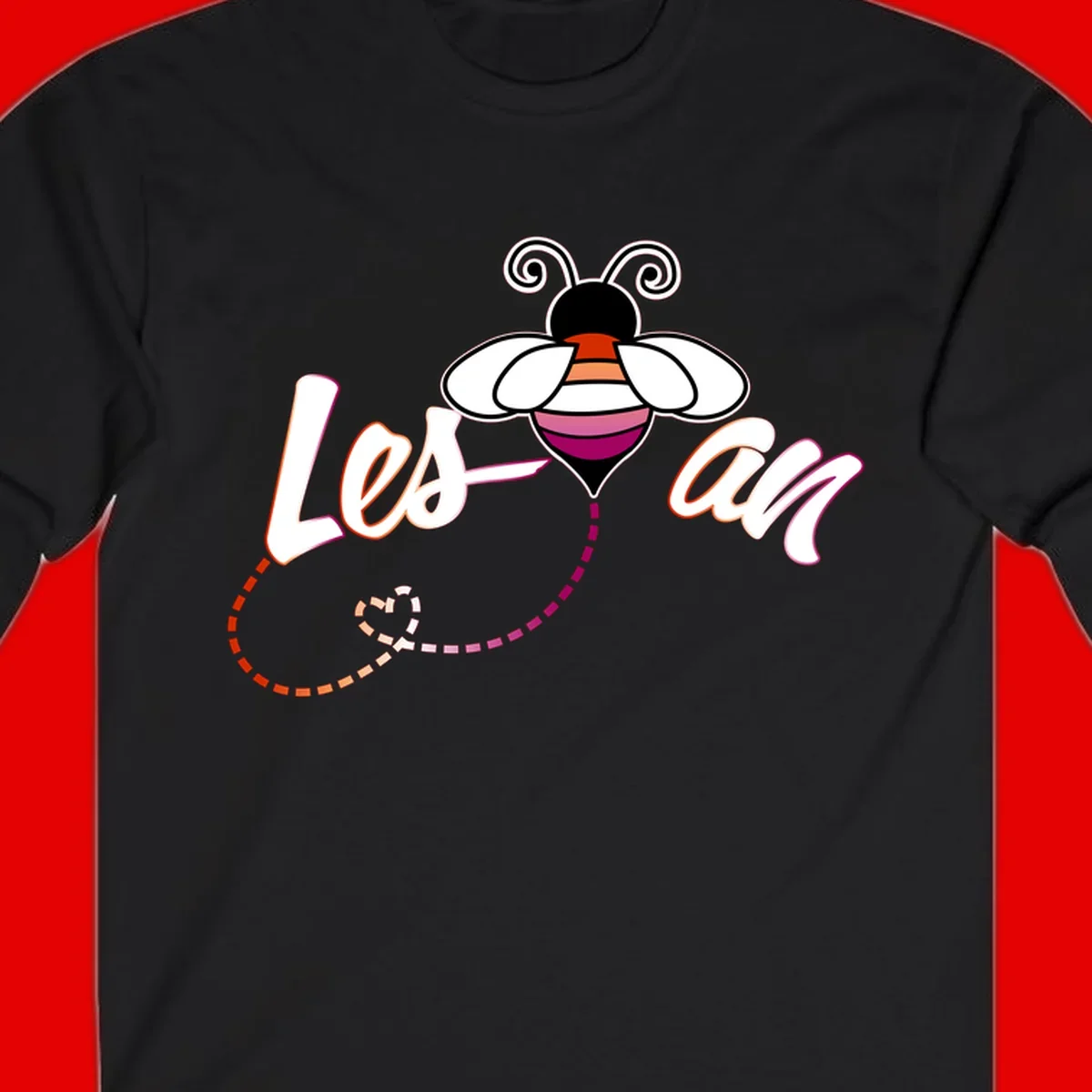 Colorful bee with spiral antennae and rainbow striped body above the word Love in flowing lettering with dashed trail