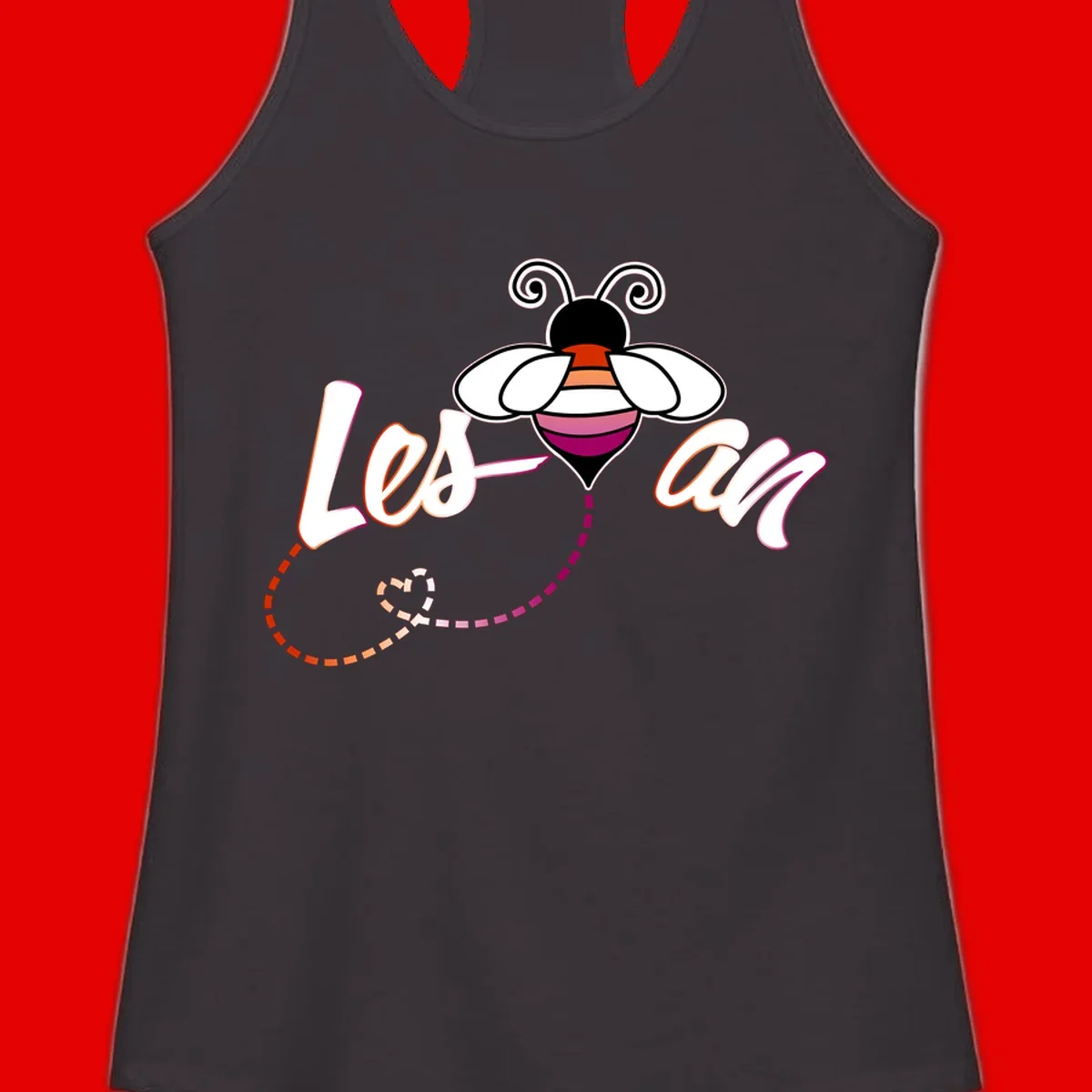 Colorful bee with spiral antennae and rainbow striped body above the word Love in flowing lettering with dashed trail