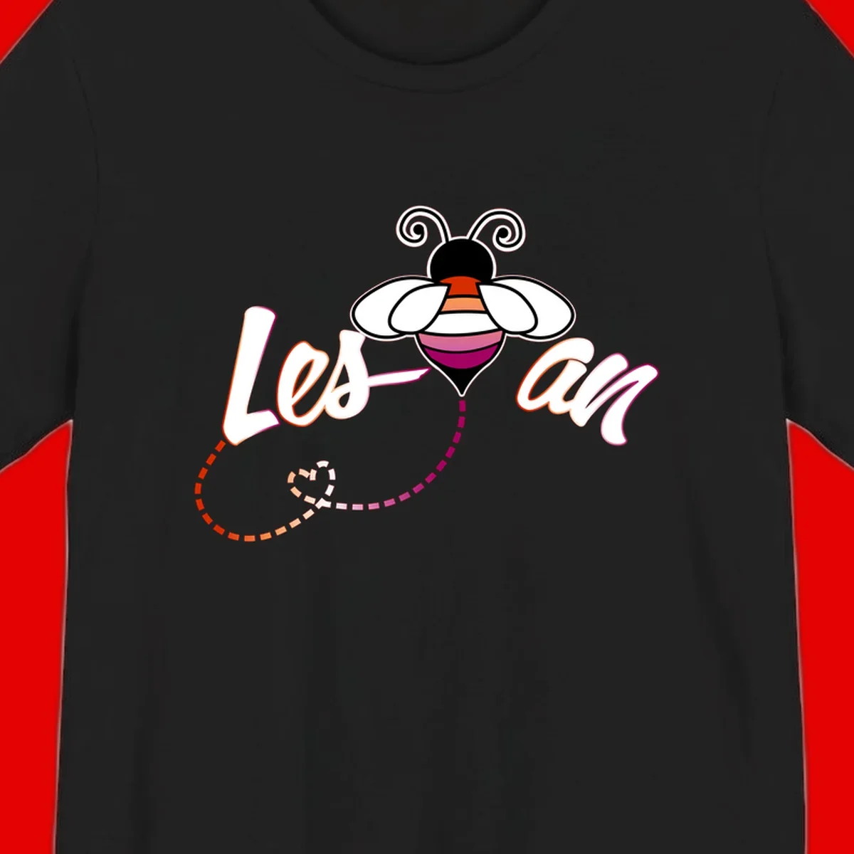 Colorful bee with spiral antennae and rainbow striped body above the word Love in flowing lettering with dashed trail