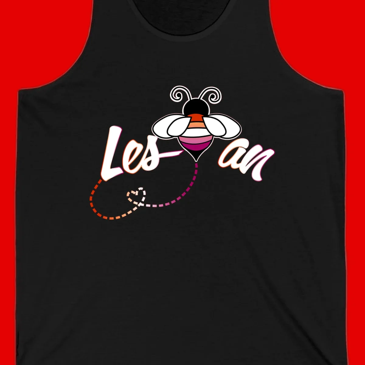 Colorful bee with spiral antennae and rainbow striped body above the word Love in flowing lettering with dashed trail