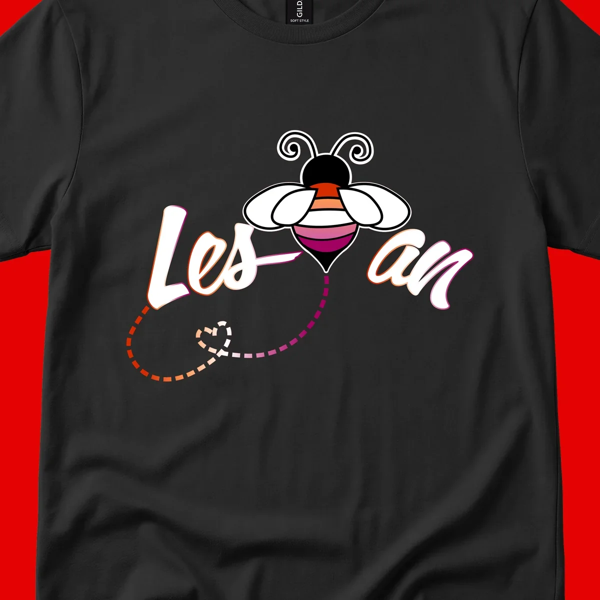 Colorful bee with spiral antennae and rainbow striped body above the word Love in flowing lettering with dashed trail