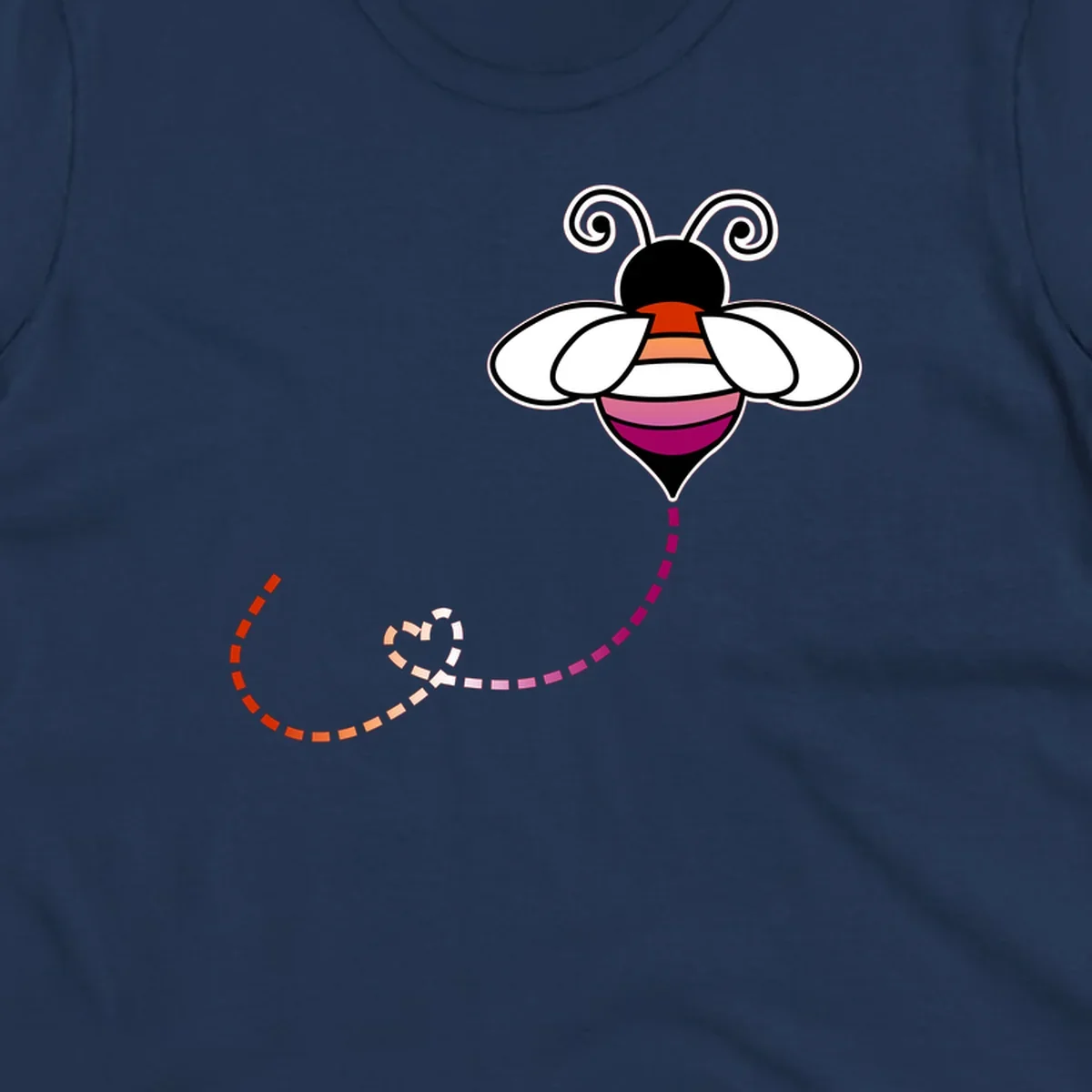 Illustrated rainbow pride bee with spiral antennae, white wings, and colorful striped body with dotted flight path